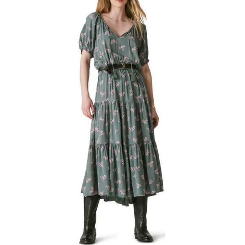 Lucky Brand Women's Green Floral Print Tiered Smocked Fit & Flare Dress Size XS
